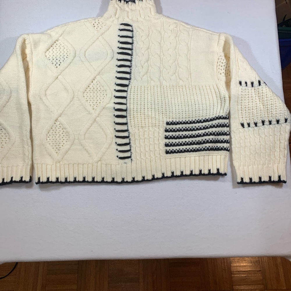 Contrast Patchwork Cream Black Crop Cable Knit Sw… - image 5